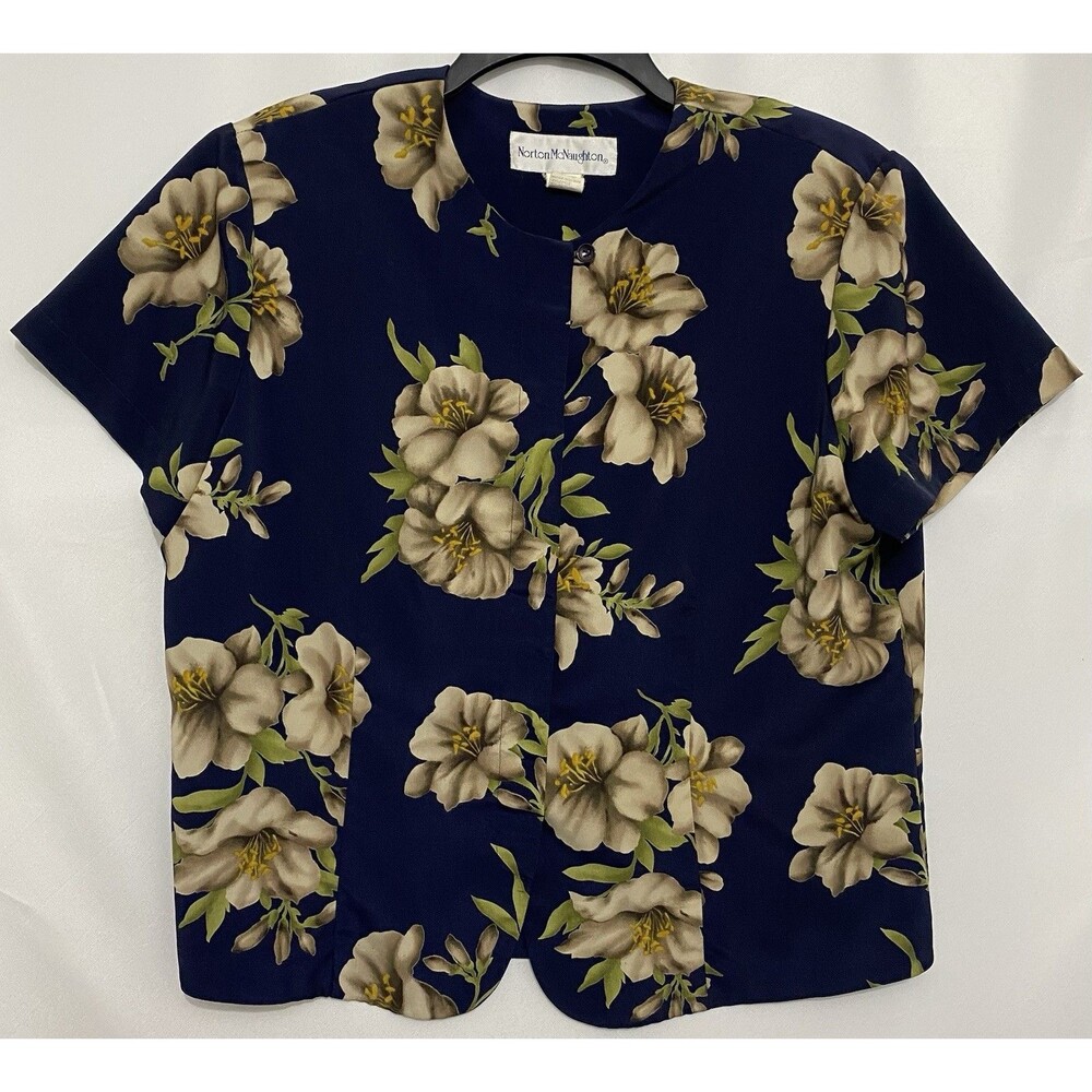 Norton McNaughton Womens Navy Floral Short Sleeve Button Front Blouse Top